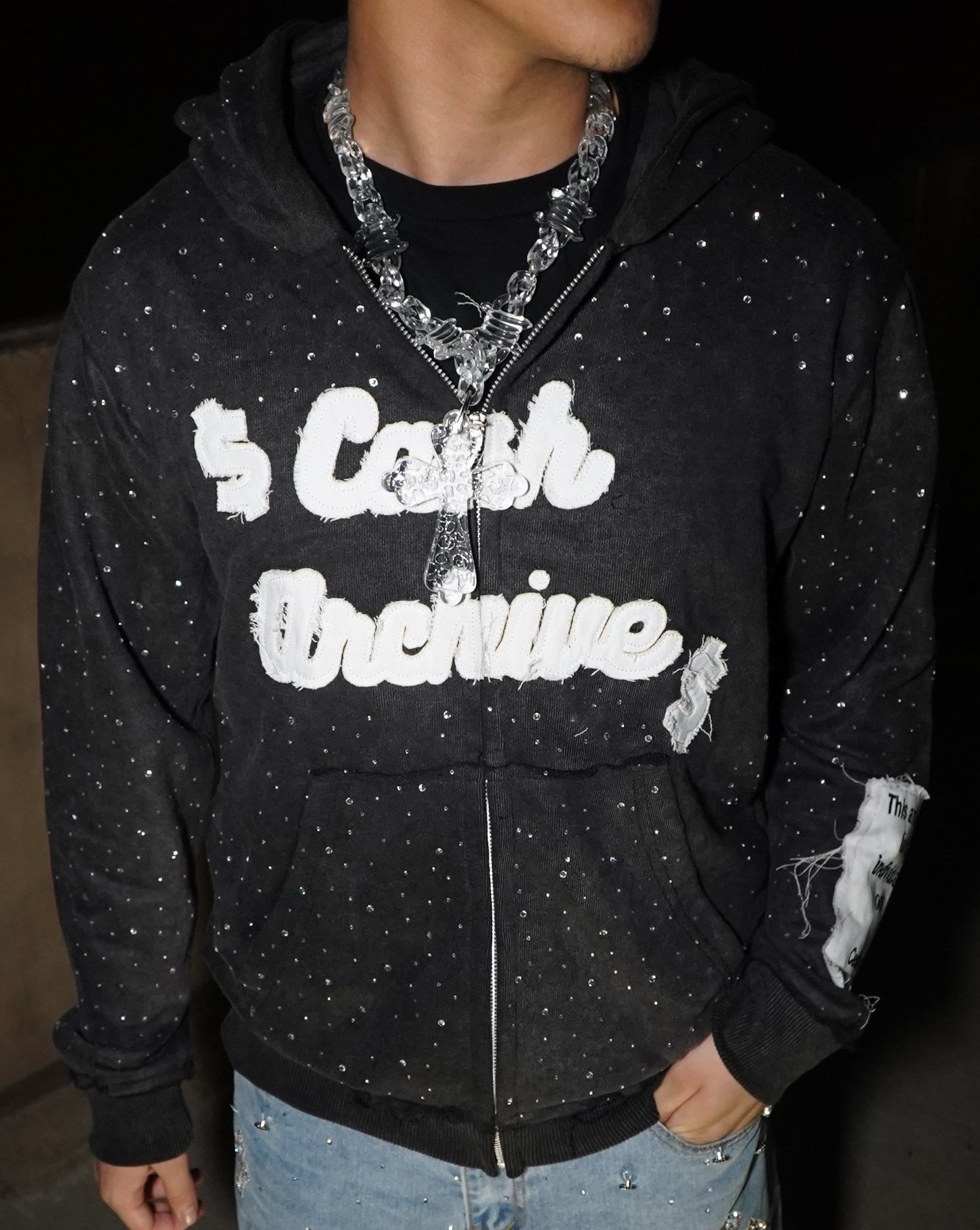 “Cash Archive” Rhinestone Zip Up