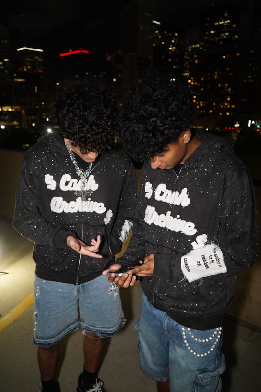 “Cash Archive” Rhinestone Zip Up